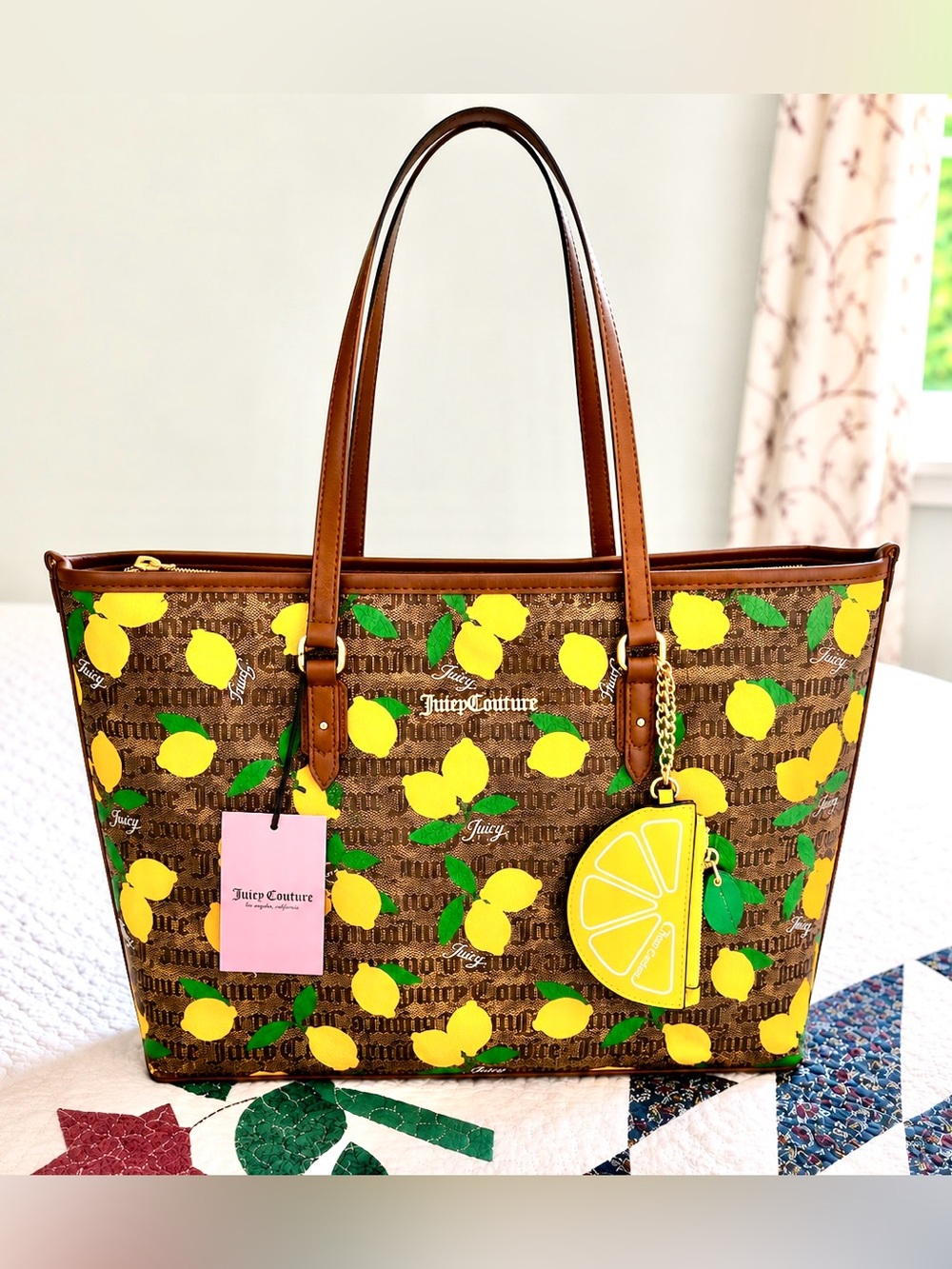 Juicy Couture Fruitful Lemon Tote Bag Brown Monogram Purse Charm NWT